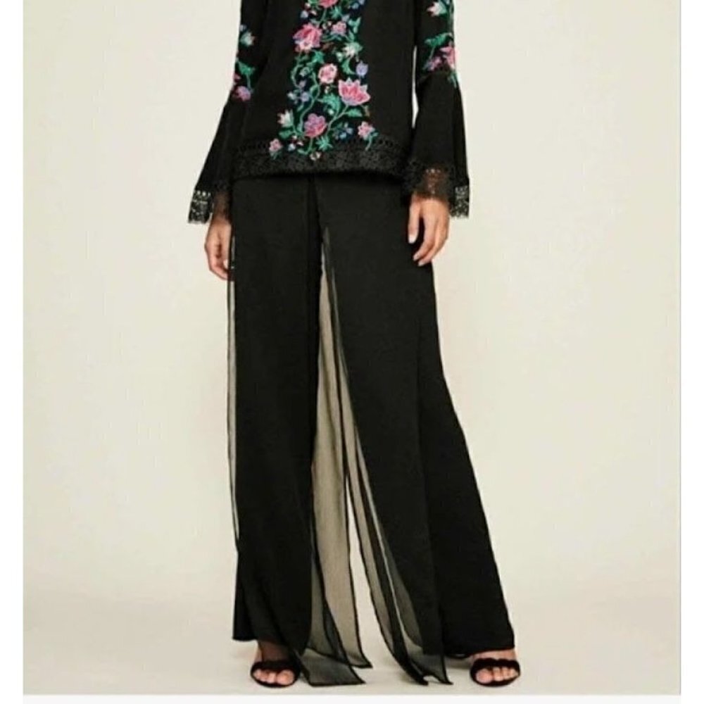 Tadashi Shoji Collection Sheer Overlay Wide Palazzo Pant Size Large Elegant B19